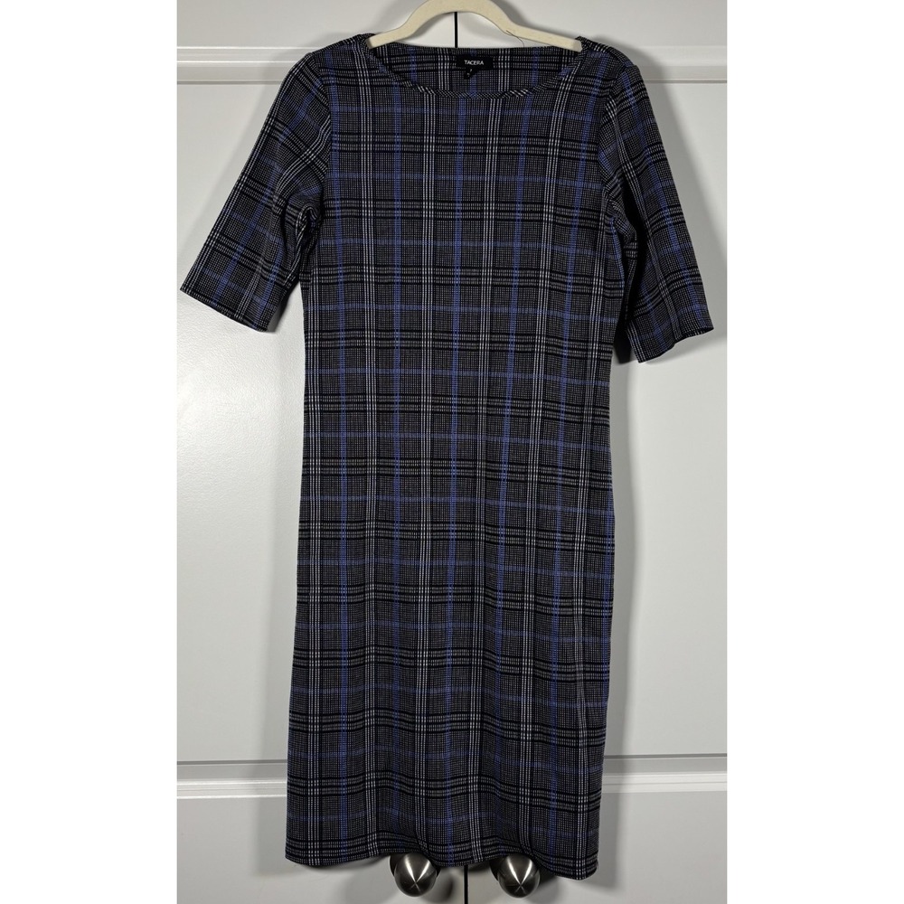 Tacera Womens Sheath Dress Black Blue Plaid Short Sleeve Work Office Classic M